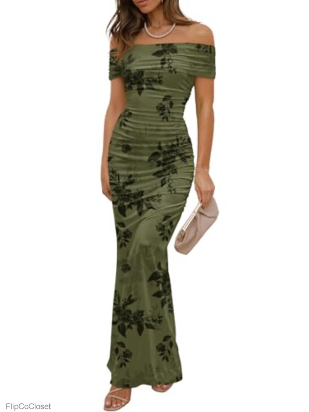 Off Shoulder Floral Bodycon Maxi Dress, Stretch Wedding Guest Formal Cocktail